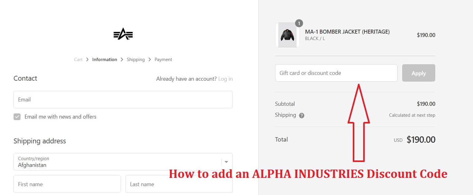 How to add a ALPHAINDUSTRIES Discount Code