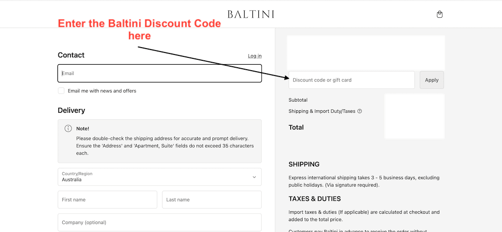 How to use a Baltini Discount Code