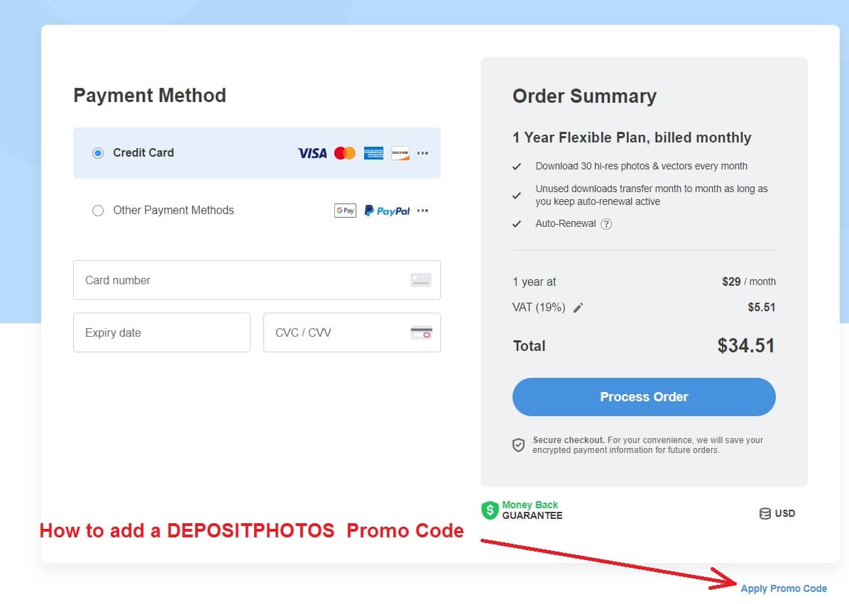 How to add a DEPOSITPHOTOS promo code