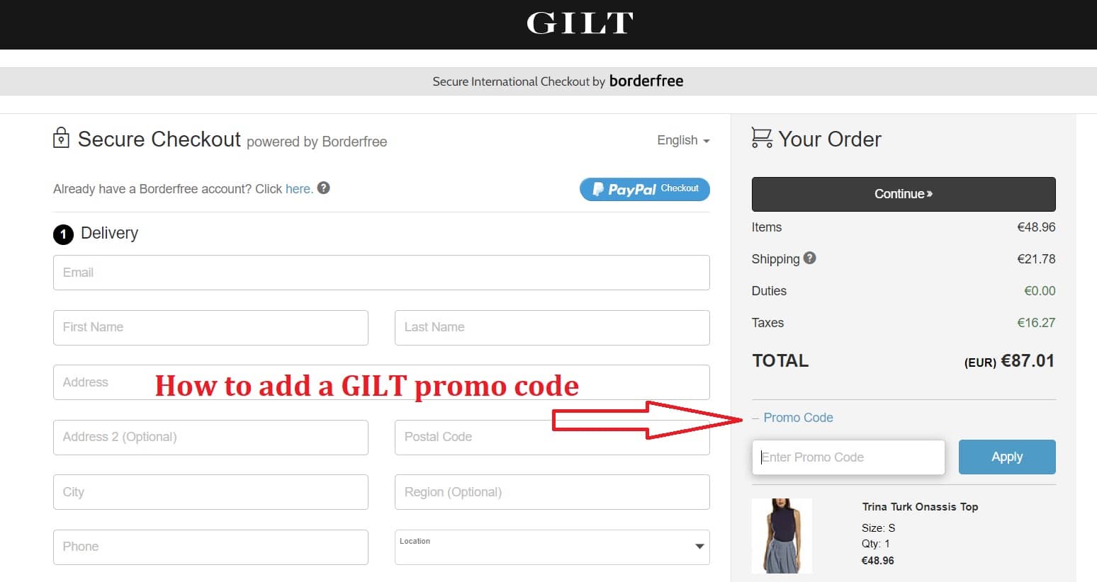 How to add a GILT promo code