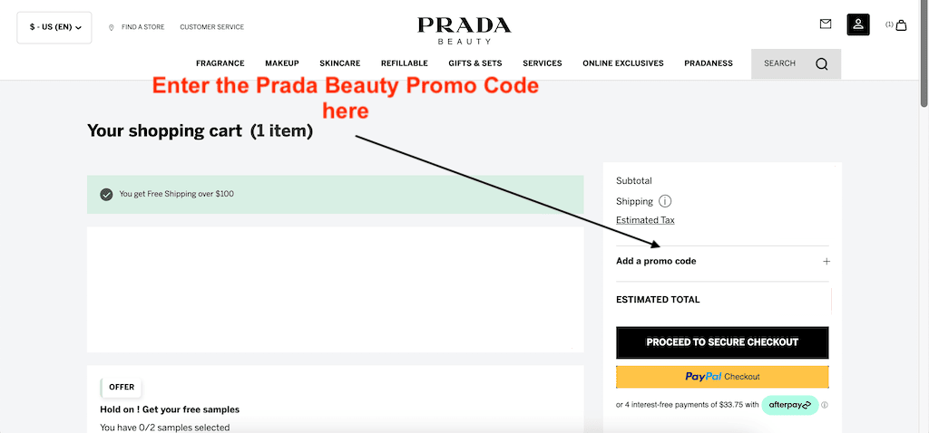How to add a PRADA promotional code